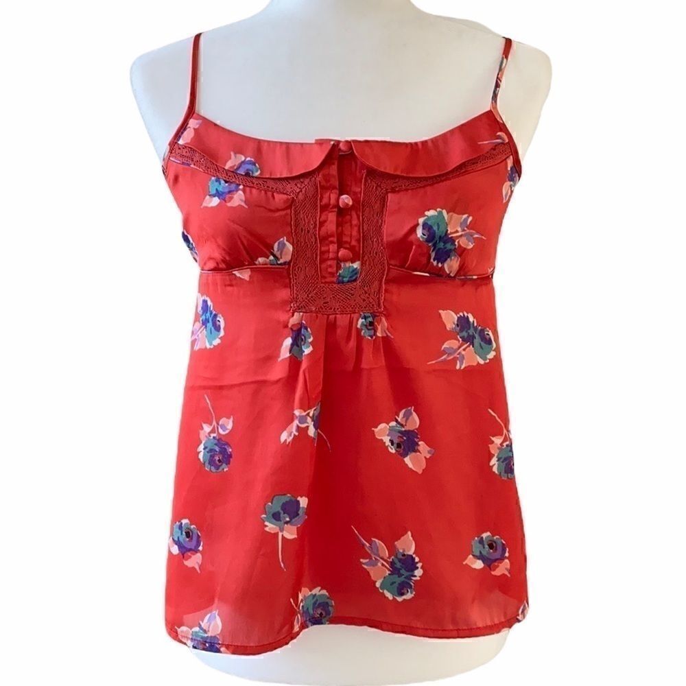 American Eagle Floral Red Orange Tank Top M Baby Doll Spaghetti Straps Summer